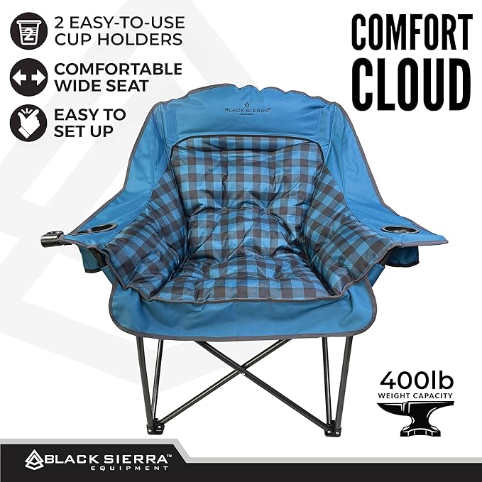 Black Sierra Oversized Camping Chair for Adults, Heavy Duty Outdoor Seat with Plush Padding, Supports 400lbs, Cup Holder & Carry Bag, Comfortable Folding Chair for Tailgating, Patio, & Sideline Events