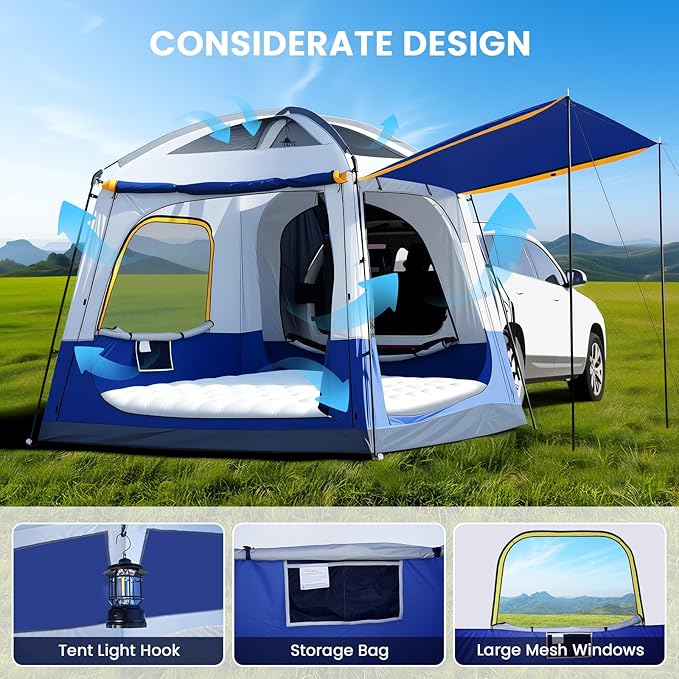 SUV Tents for Camping, Car Tents for Camping 4-6 People, PU 3000mm Waterproof SUV Tent Attachment Tailgate Tent for Car, Spacious Space 8.2'L x 8.2'W x 7.2'H with 2 Awnings & Double Door