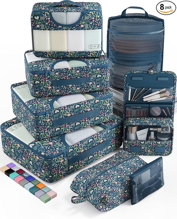 Veken 8 Set Packing Cubes for Travel Essentials, Suitcase Organizer Bags in 4 Sizes, Carry-On Luggage Accessories with Large Laundry & Hanging Toiletry Bag, Must-Have for Airplane, Road Trip & Camping