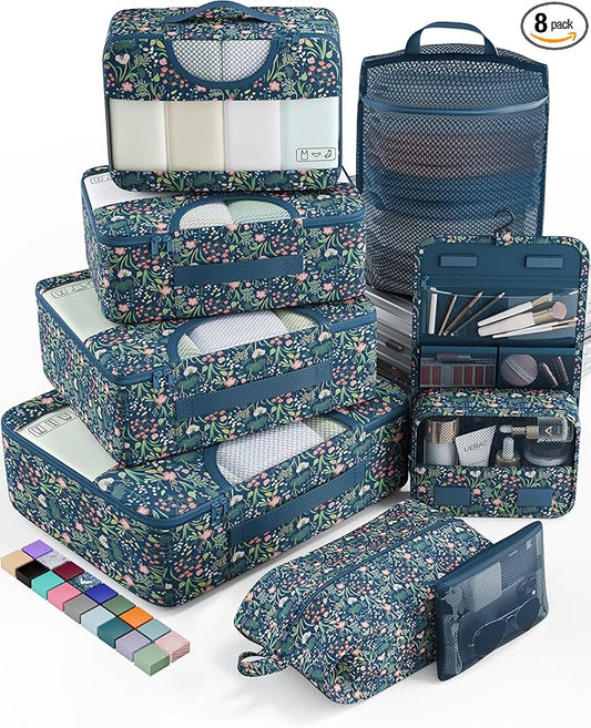 Veken 8 Set Packing Cubes for Travel Essentials, Suitcase Organizer Bags in 4 Sizes, Carry-On Luggage Accessories with Large Laundry & Hanging Toiletry Bag, Must-Have for Airplane, Road Trip & Camping