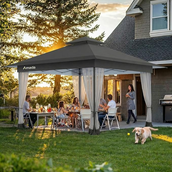 Amada 13x13 Pop Up Gazebo for Backyard & Patio Furniture,Gazebos on Clearance with Wheeled STO-N-Go Cover Bag,Carpa Pop Up Tent Party Tent and Shelter with Mosquito Netting for Lawn,Garden,Deck,Grey