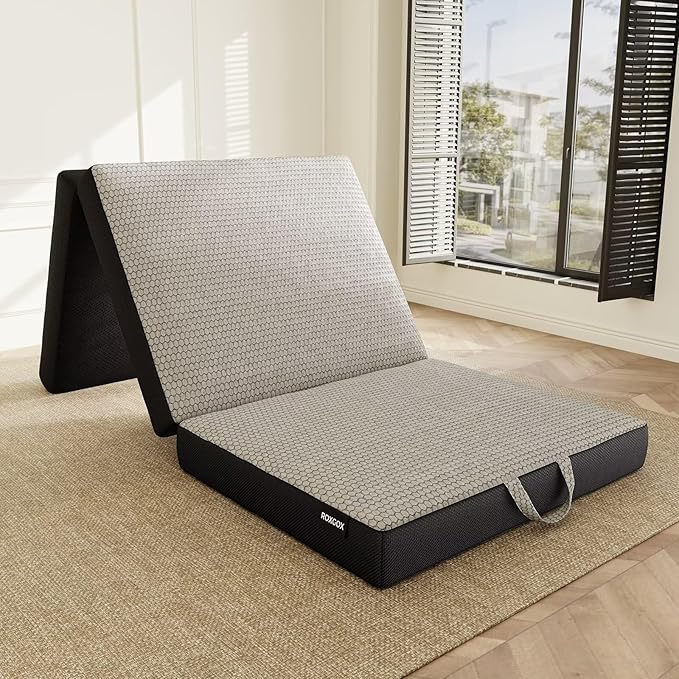 Memory Foam Trifold Mattress, Single Portable Floor Bed 4 Inch, Foldable Mat with Washable Cover, Handle & Non-Slip Bottom, for RV, Travel, Camping, Yoga, 75"x25"x4", Grey