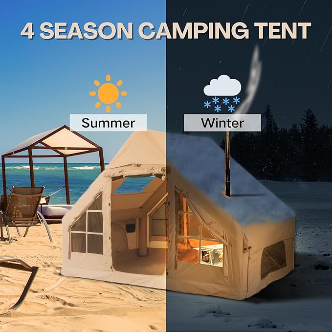 Inflatable Tent, Outdoor Easy Setup Inflatable Tents for Camping, Portable Blow Up Tent with Stove Jack, Cotton Canvas Material for Glamping, for 4 Season, 4/6/8/10 Person Use