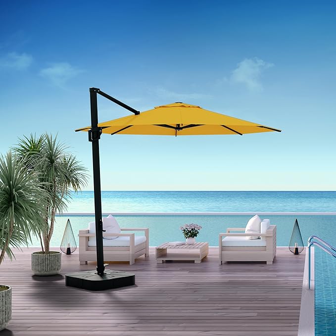Midtown Umbrellas 10 Ft Outdoor Cantilever Patio Umbrella w/Sunbrella Yellow Acrylic Fabric - 360° Rotate Offset Patio Umbrella, Deck Patio Umbrella, Backyard Umbrella & Garden Umbrella - Black Frame