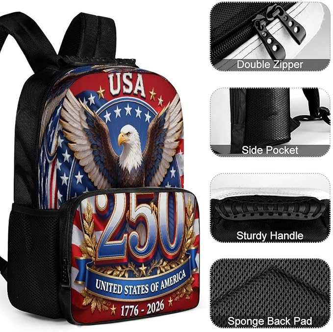 Backpack Anti-Theft Multipurpose Large Capacity Carry On Bag, USA 250th Anniversary Patriotic Independence Celebration Art Camping Outdoor Backpack With Side Pockets