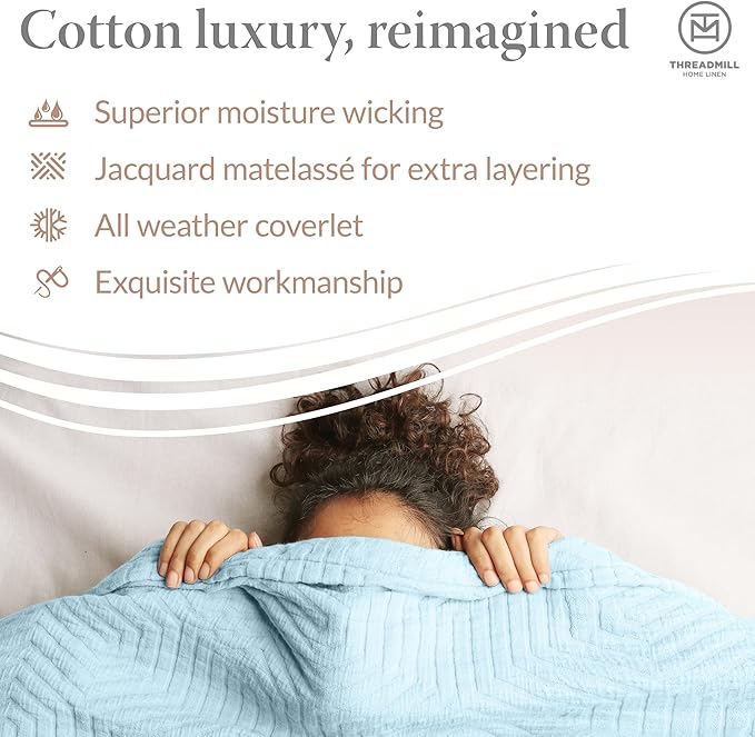 Threadmill Luxury Cotton Blankets for Twin Size Bed | All-Season 100% Cotton Twin Blanket for Bed | Aster Jacquard Lightweight, Soft & Cozy Coverlet, 350GSM, 68 x 90 inches | Light Blue