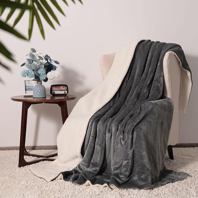 NANPIPER King Size Sherpa Blanket, Soft Fleece Throw for Bed, Reversible Thick Fuzzy Blanket for Winter (Grey, 90x108 inches)