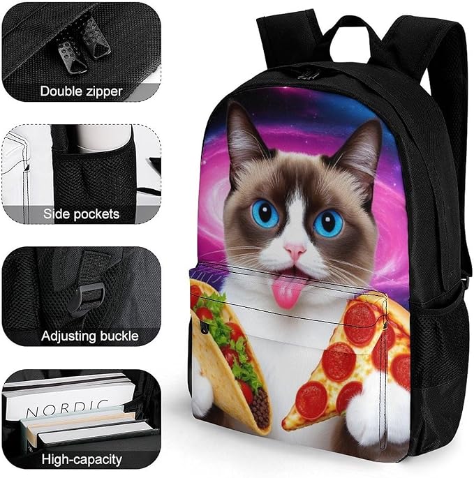 Supdreamc Polyester Daypack for Hiking Work Running, Big Capacity Anti-Theft Multipurpose Shoulder Bag, Funny Cute Galaxy Cat Taco Pizza Travel and Sport Backpack Rucksack