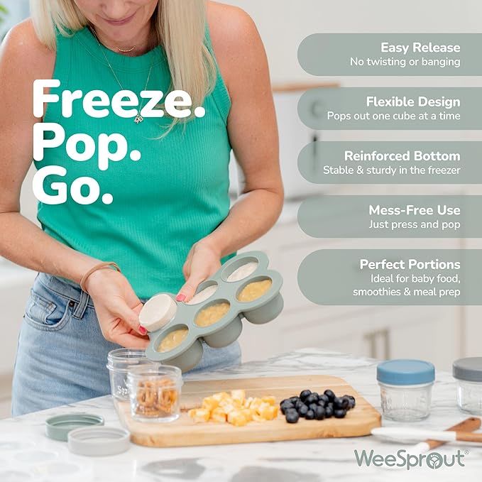 WeeSprout Silicone Freezer Tray with Clip on Lid Perfect Food Storage Container for Homemade Baby Food, Vegetable, Fruit Purees, and Breast Milk (Bright Grey, Six 3 Ounce Sections)