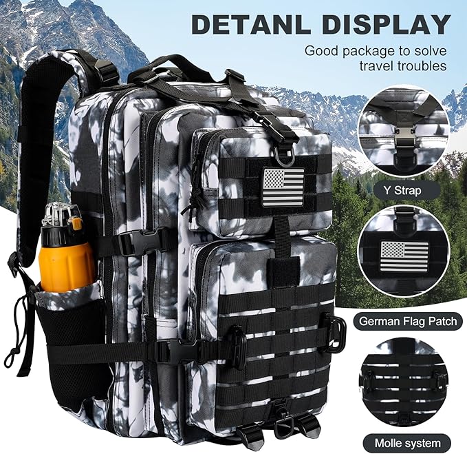 45L MOLLE Assault Pack, Tactical Backpack Military Army Camping Rucksack with Bottle Holder, 3-Day Pack Trip w/USA Flag Patch, D-Rings, White Camo