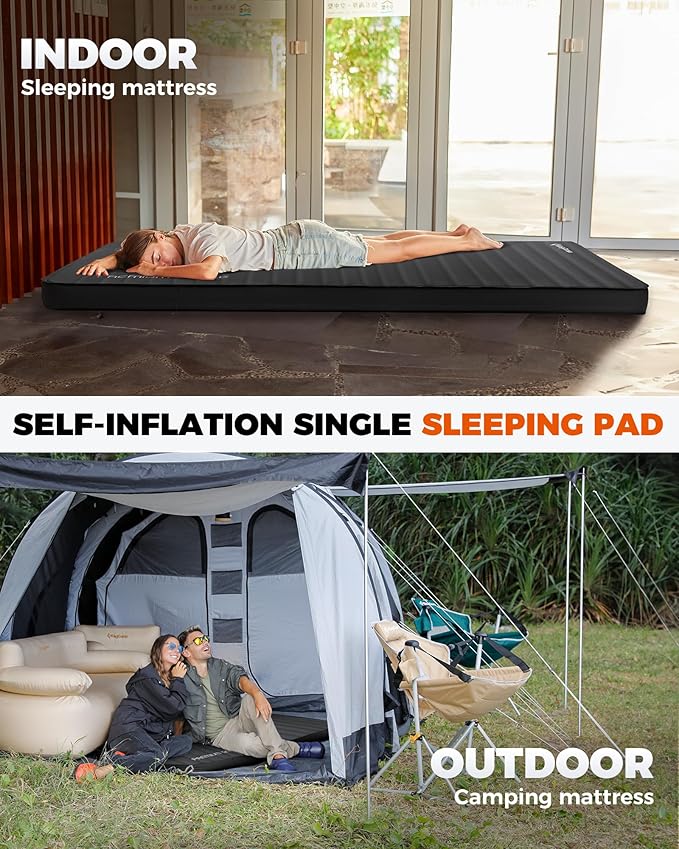 KingCamp Self Inflating Sleeping Pad, R 7.5 Air & Foam Sleeping Pad with Pillow, 3" Thick Single Camping Mattress for Camp Tent Outdoor Car, PVC Free (Black)