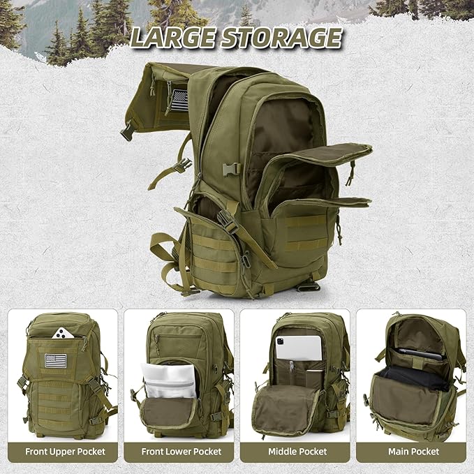 35L Military Tactical Backpack for Men, Water Resistant Assault Pack for Women, Army Green Molle Daypack 3 Day Bug Out Bag Rucksack for Trekking,Camping,Survival,EDC
