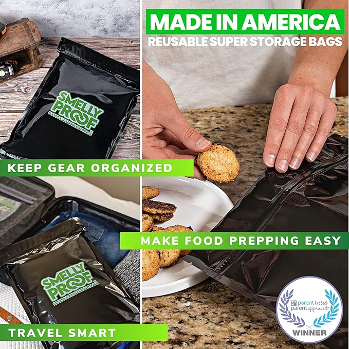 Smelly Proof Reusable Food Storage Bags, Reusable Freezer Bags, US-Made BPA FREE, NO PEVA, 2 Gallon Bag, Dishwasher-Safe, NO SMELL Triple Zip BLACK 4 mils FLAT 12" x 16" - 5pk