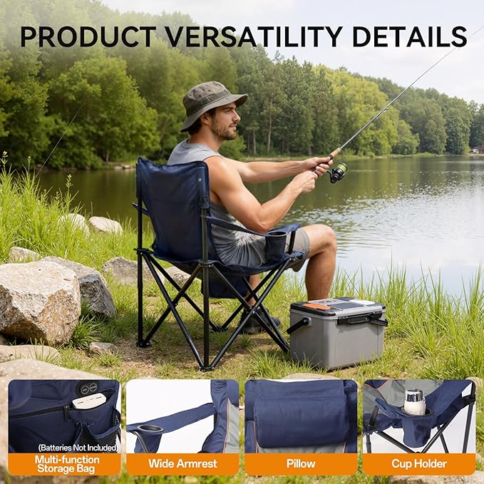 Heated Camping Chairs For Adults, 3 Heating Level For Back And Seat, Foldable Camping Chairs With Cup Holders & Pillow For Outdoor Sports, Camping, Patio, Picnics, Battery Not Included, Navy