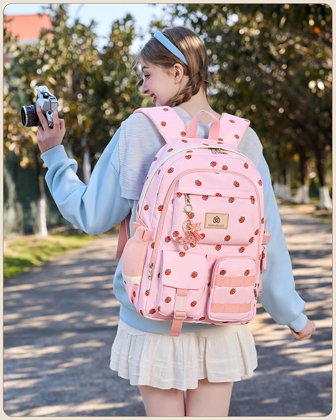 Laptop School Backpack for Teen Girls Women 15.6 Inch Cute College Backpacks Large Elementary Middle High School Bag Kids Student Strawberry Bookbag Anti Theft Travel Casual Daypack (Pink-Strawberry)