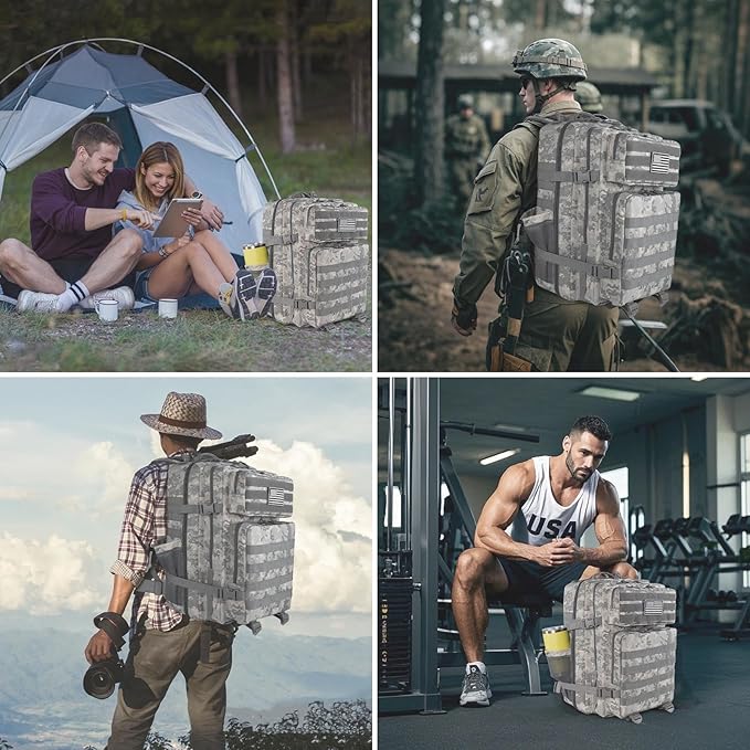 45L Grey Camo Military Tactical Backpack 3 Day Molle Assault Pack Large Army Bug Out Bag Rucksack Daypack for Men Outdoor Hiking Army Camping Hunting