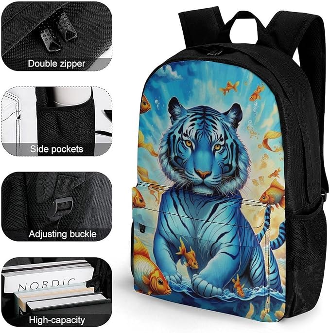Rucksack Anti-Theft Multipurpose Large Capacity Carry On Bag, Trippy Tiger Goldfish Travel Hiking Bag Day Pack With Side Pockets