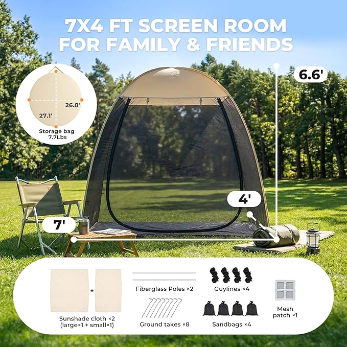 Alvantor® Pop Up Screen House Tent, Snap-fit Mesh Screen Gazebo with Peaked Roof, Portable Screen Room Canopy Shelter with Sandbags for Camping, Backyard, Picnic