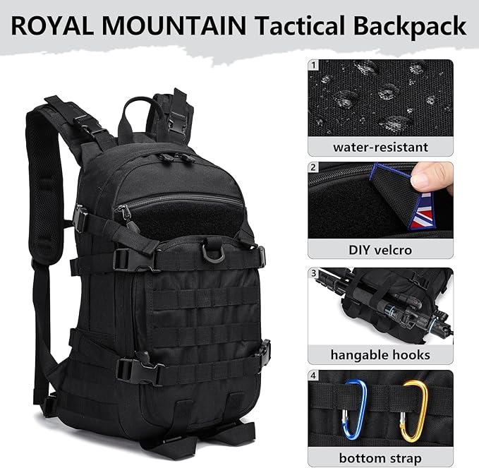 25L Small Tactical Backpack For Men, Military Waterproof Backpack With Multiple Pockets, 3-Day Bug Out Bag Molle Backpacks For Camping Hiking Military Traveling (Black)
