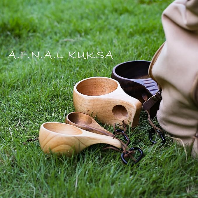Kuksa Camping Mug Wooden Bushcraft Handcarved Cup, Nordic Style Coffee & Hiking Kuksa, 2 Pack Small & Mini Size, 3.3 oz. & 1 oz.