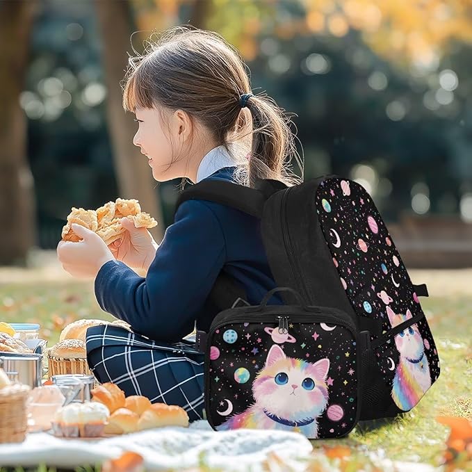 HUGS IDEA Cosmic Cat Backpack for School Girls 3th Grade School Bag for Kids 17 Inch Students Bookbag Lightweight School Bookbag for Girls with Lunch Bag Large Kids Travel Daypack
