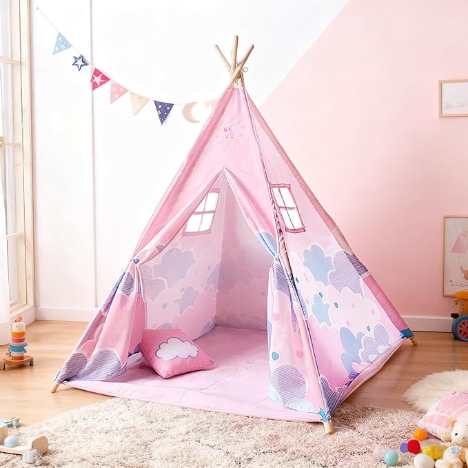 Pink Pony Teepee Tent for Bedroom,Cat Teepee Tent Reading Tent for 3–6 Year Old Toddle with Light & Mat, Cozy Hideout Girls'Bedroom Décor,Girl Sleepover Party, Cat House