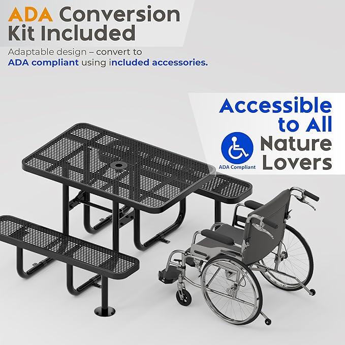 Metal Picnic Furniture for Outdoors with Umbrella Hole - Coated Steel Heavy Duty Commercial Grade Table with Adjustable Seats, Patio Set for a Lifetime (Black, 4' Rectangular)