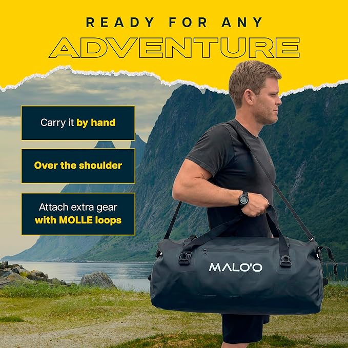 Malo’o Waterproof Dry Duffel, Heavy-Duty Roll Top Waterproof Gear Bag with Shoulder Strap & Molle Loops, Marine Duffel for Kayaking, Boating, Camping, Beach & Travel, Black, 60L