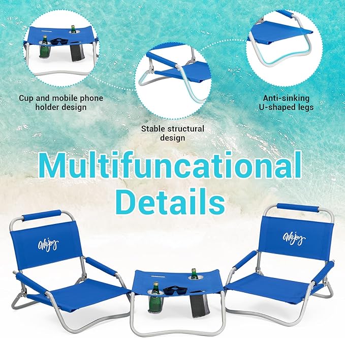 #WEJOY 2 Pack Beach Chairs and Table Set Folding Low Beach Chairs for Adults Lightweight Outdoor Chair with Carry Bag for Lawn Camping Picnic Sports Blue Chair & Table Set