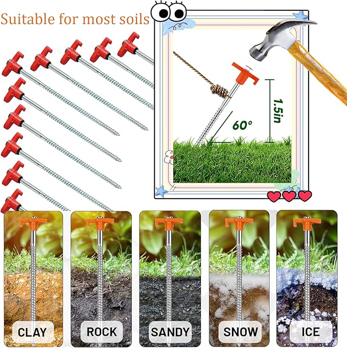 10-Pack 8" Heavy Duty Screw in Tent Stakes, Drill-in Non-Rust Ground Anchor Pegs, Metal Tent Accessories for Camping, Garden, Hiking, Orange