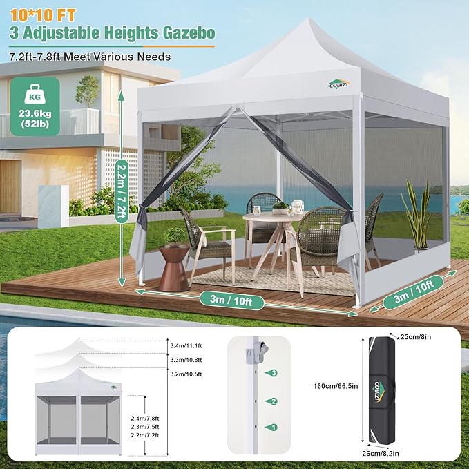 COBIZI Canopy Tent 10x10 Heavy Duty Pop Up Canopy with Sidewalls Waterproof,Easy to Set up Gazebo with Mosquito Netting Outdoor Mesh Screen Tents for Parties Wedding Party with Carry Bag, White