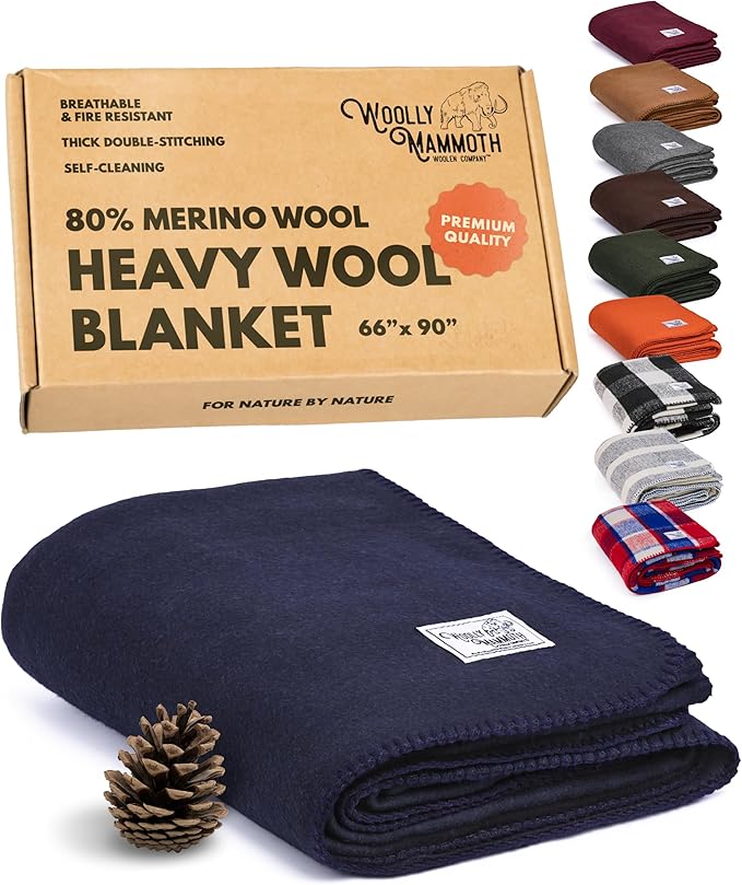 Woolly Mammoth Woolen Company Merino Wool Camping Blanket - 66" x 90", Navy Blue - Compact Design & Hunting Essentials - Heavyweight Insulation & Wool Throw Blanket - Solid Pattern & Bedroll Use