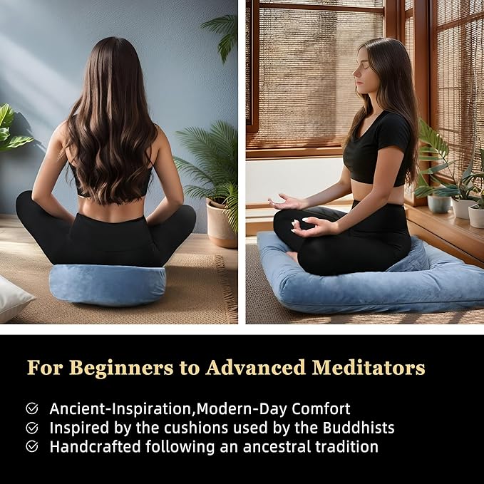 Meditation Zafu Cushion Set with Buckwheat Hulls & Memory Foam - Ergonomic Support for Yoga & Sitting - Removable Machine-Washable Luxury Velvet Cover - for Adults and Kids (Blue)