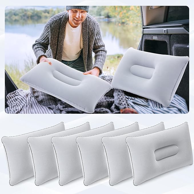 Geelin 20 Pack Inflatable Pillows for Camping Travel Beach Vacation Sand Squared Flocked Soft Fabric Backpacking Ultralight Pillows for Office Gray Sleeping Neck Head Lumbar Support