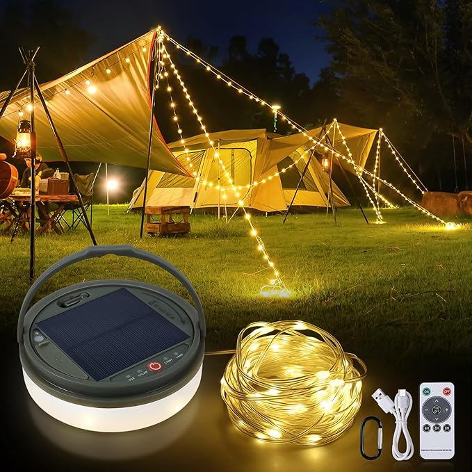SMY Lighting 4 in 1 Solar Camping String Lights, 42.6Ft Ultra Long String with 160LEDs, Solar Powered and USB Rechargeable Light with Remote Control, Portable Camping Light for Hiking, Decorations