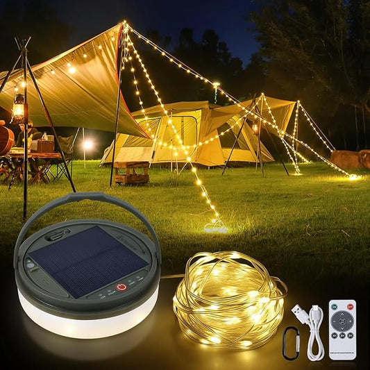 SMY Lighting 4 in 1 Solar Camping String Lights, 72.2Ft Ultra Long String with 220LEDs, Solar Powered and USB Rechargeable Light with Remote Control, Portable Camping Light for Hiking, Decorations
