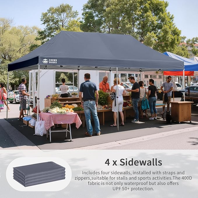CROWN SHADES 10x20 Pop Up Canopy Tent, Thicken Frame Commercial Heavy Duty Tent, 4 Sidewalls 8 Stakes & 4 Sandbags & 4 Ropes, Outdoor Canopies for Events, Parties, Gray