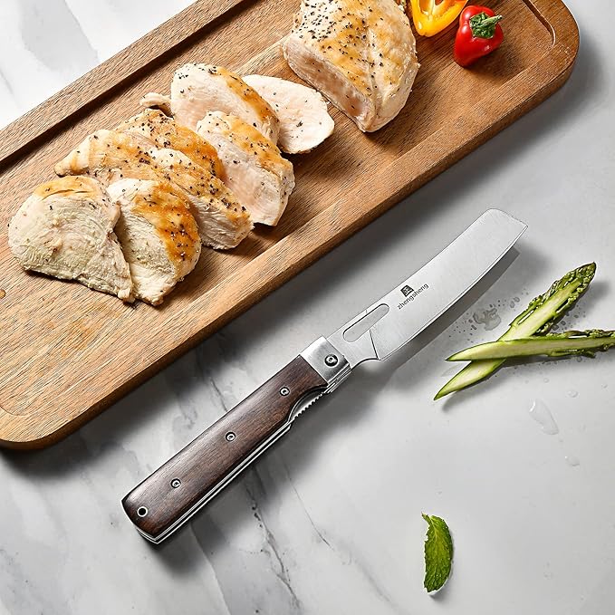 Folding Chef Knife 4.8" Sharp 440A Stainless Steel Blade Wooden Handle Pocket Foldable Japanese Style Kitchen Knife for Outdoor Camping Cooking