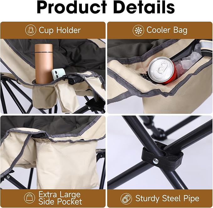 CDEN Camping Chair, Thick Padded Lawn Chair, Oversized Camping Chair, Deluxe, with Cup Holder, Side Pocket, Cooler Bag, for Camping, Hiking, Picnic, Travel, Festival (2 Pack)