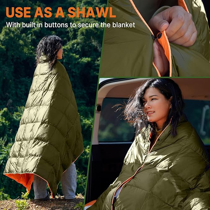 Down Puffy Blanket for 2 Person Car Camping Outdoor Travel Backpacking, 80% Duck Down & 20% Feather Lightweight Portable Soft Warm Cozy Camping Blanket Quilt, Olive Green
