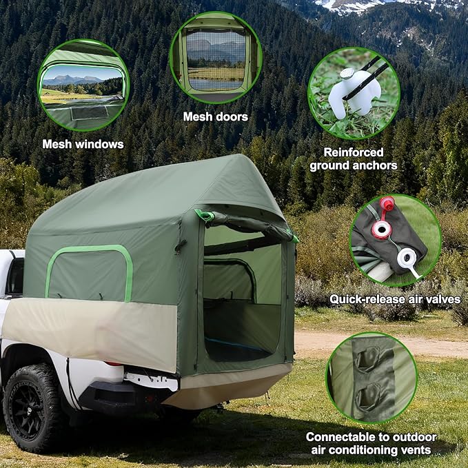 Truck Bed Tent 5.5ft-8ft Easy Set up Inflatable Pickup Truck Tent with Pump for Camping PU 3000mm Waterproof Dual-use Pickup Tent or Camping Tent for 2 Person Double Layer Mesh Window & Door