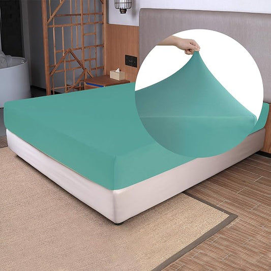 King Size Fitted Sheet Only - 4-Way Stretch Jersey Knit, T-Shirt Feeling & Ultra Soft, Wrinkle Free, Non-Slip & Snug Fit for King or Cal King Mattress (Deep: 5"-13") - Aqua, King