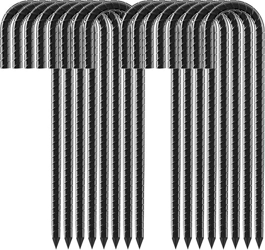 Necneecu16 Pack Rebar Stakes, 12 Inch J Hook Heavy Duty Ground Stakes for Canopy Tent Trampoline and Chain Link Fence Rust Proof Coated Steel Ground Stakes Ground Anchors (Black)