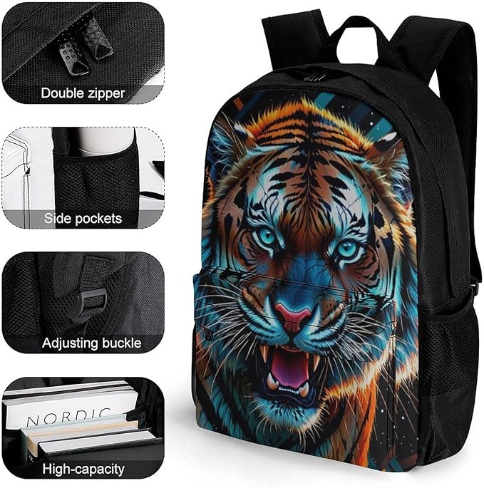Men Women Polyester Angry Tiger Rainbow Animal Magic Art Casual Daypack Large Capacity Carry On Bag With Adjustable Shoulder Straps for Camping Work Running