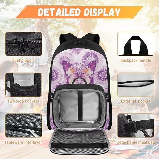 HUGS IDEA Purple Butterfly Backpack for School Girls Bookbag and Lunch Box for Kids 17 Inch Backpack Purse for Elementary Children Lightweight School Bookbag for Students