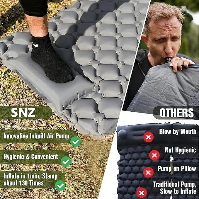 SNZ Camping Sleeping Pad, Ultralight Camping Mat with Pillow, Built-in Foot Pump Inflatable Sleeping Pads Compact for Backpacking, Tent, Travel, Outdoor Activities (Single)