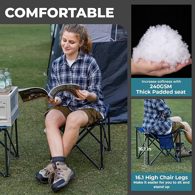 FUNDANGO Folding Camping Stool, 18.1 Inch Oversized Foot Rest 440 Lbs Heavy Duty Portable Padded Stools Seat Anti-Slip Foots & Carry Strap for Fishing Outdoor Lawn Travel (Blue)