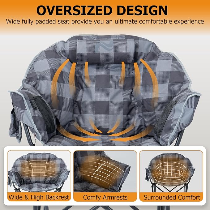 LILYPELLE Oversized Heated Camping Chair, Patio Lounge Chairs with 3 Heat Levels, Portable Folding Heated Chair Round Moon Saucer Folding Lawn Chair Outdoor Chair for Camping, Lounge Patio