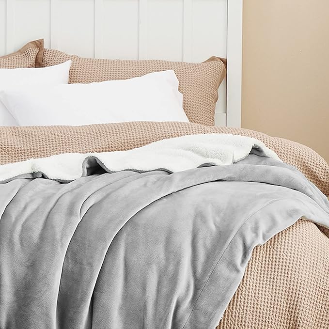 Bedsure GentleSoft Sherpa Fleece Blankets King Size for Bed - Thick and Warm, Soft Fuzzy Plush King Blanket for Winter, Light Grey, 108x90 Inches