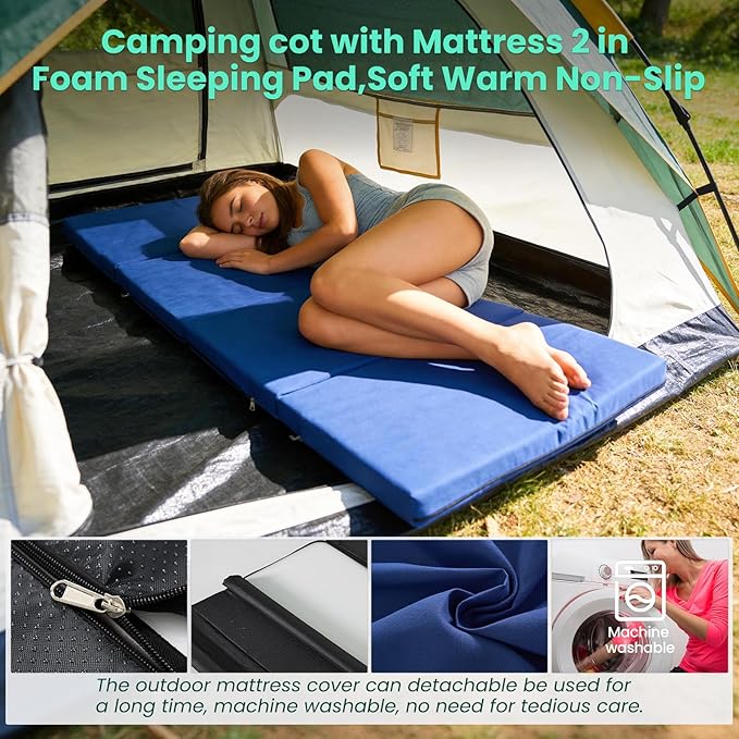 LILYPELLE Folding Camping Cot, Extra Wide Heavy Duty Sleeping Cots with Carry Bag, Double Layer Oxford Portable Travel Camp Cots for Home, Office Nap and Outdoor Beach
